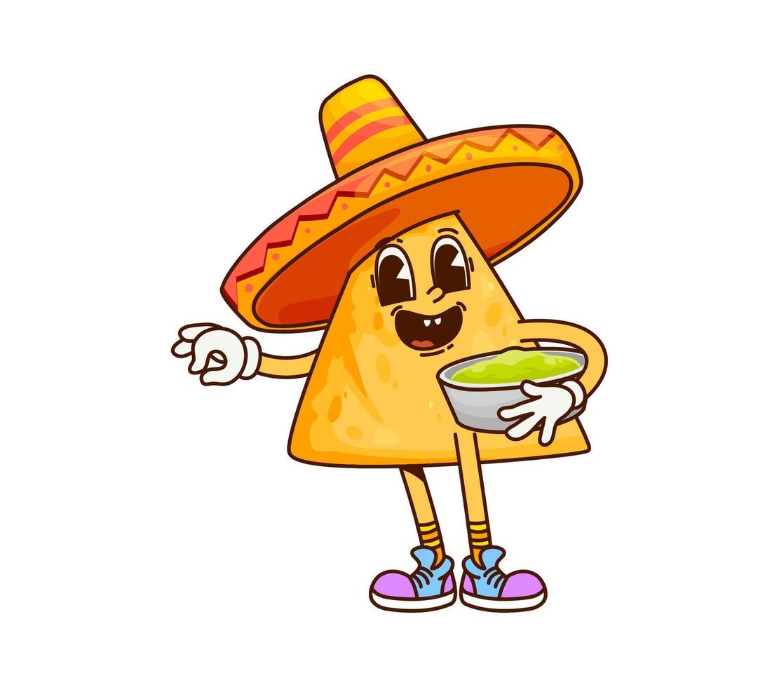 Groovy Mexican nacho chip with guacamole sauce vector