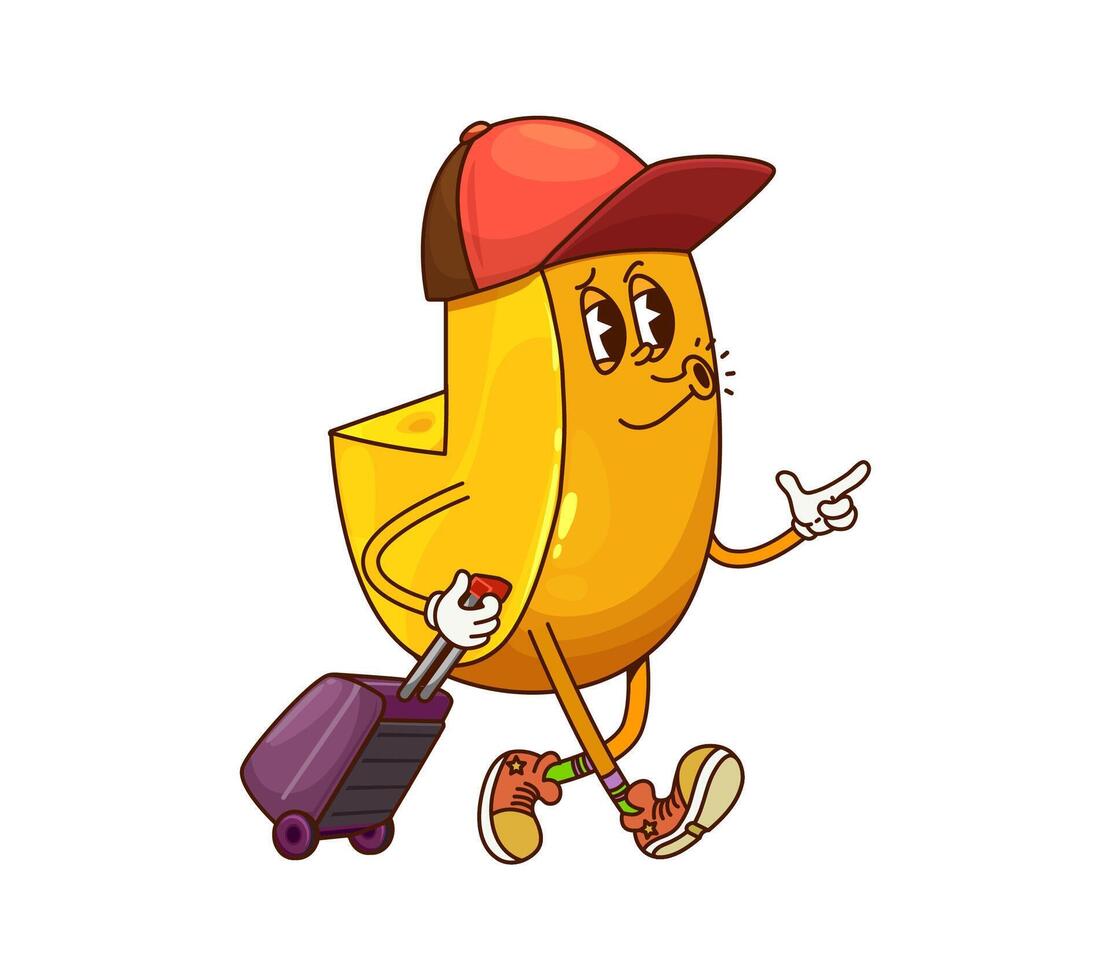 Cartoon groovy cheese character traveler with bag vector