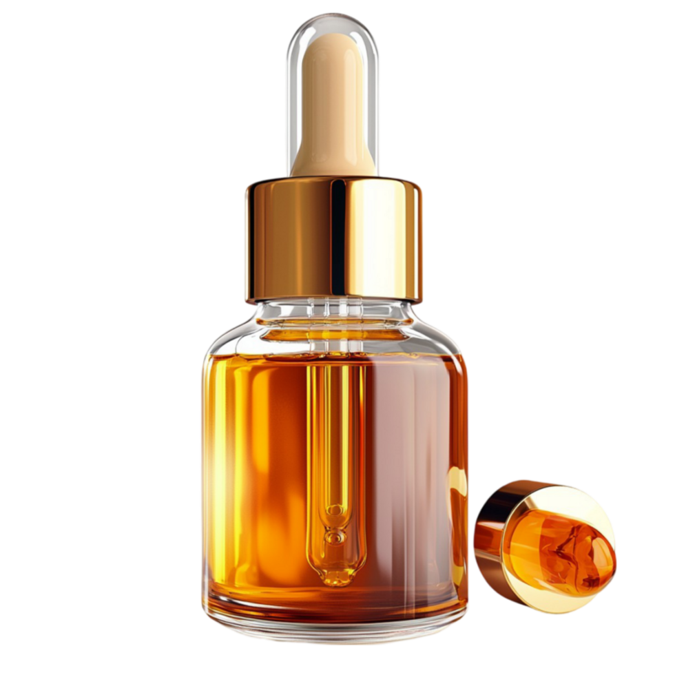 Elegant amber glass dropper bottle filled with nourishing essential oil for skincare png
