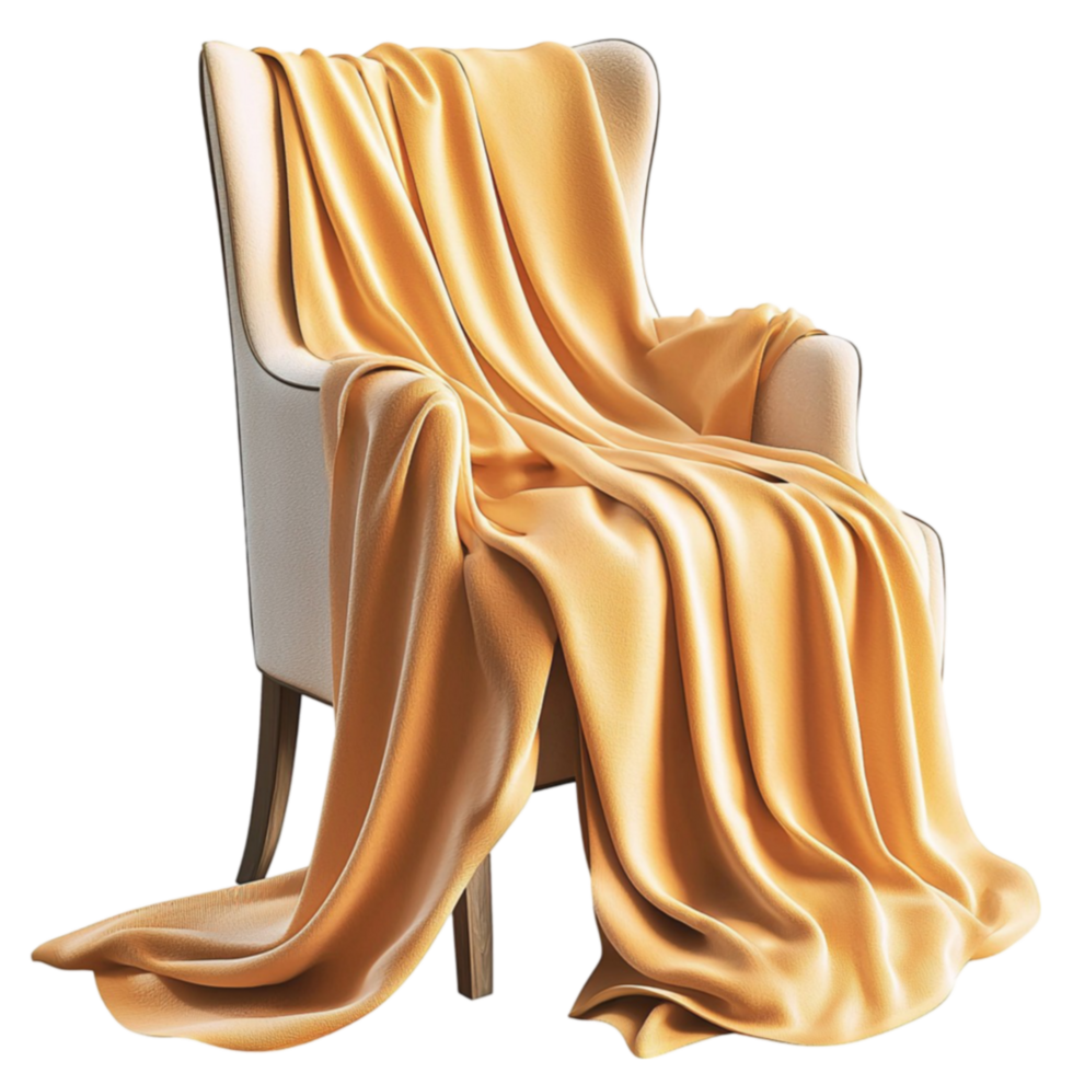 Luxurious golden silk fabric elegantly draped over a modern white chair png