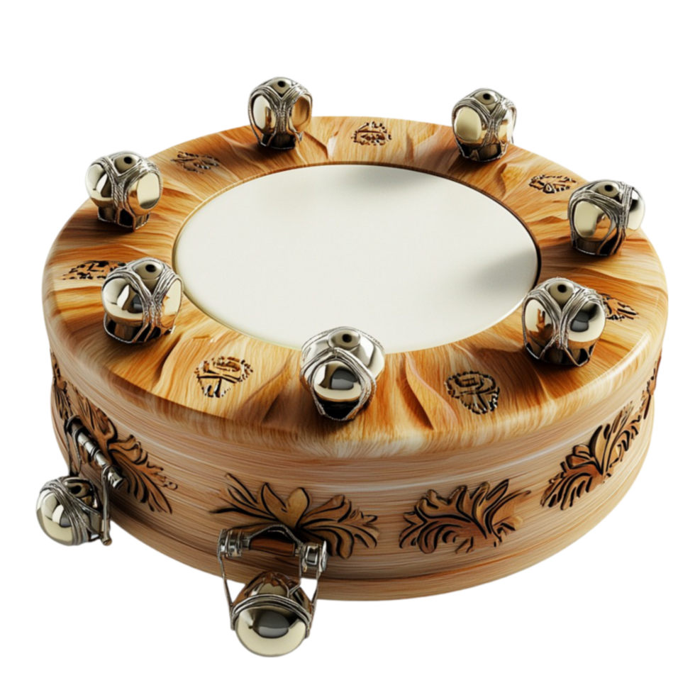Wooden tambourine with metal jingles and intricate floral engravings on its frame png
