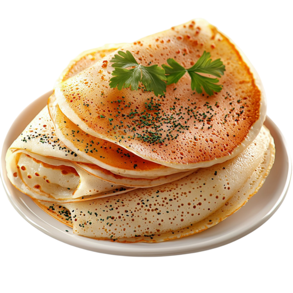 Stack of thin golden crepes garnished with fresh green herbs and black pepper png