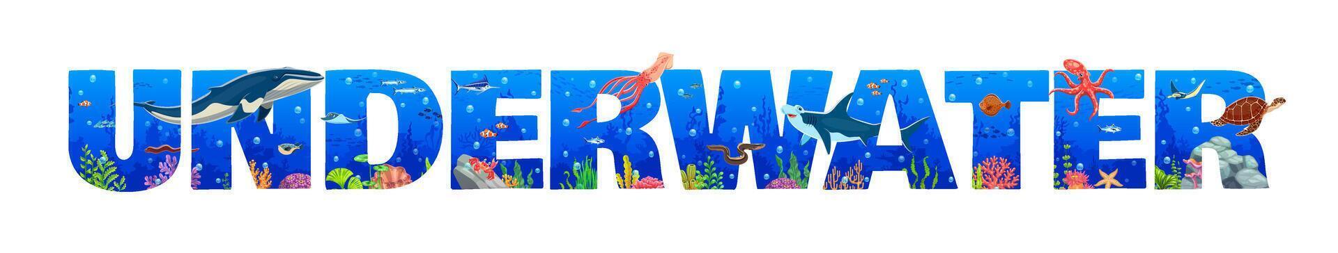Cartoon underwater typography with sea animals vector