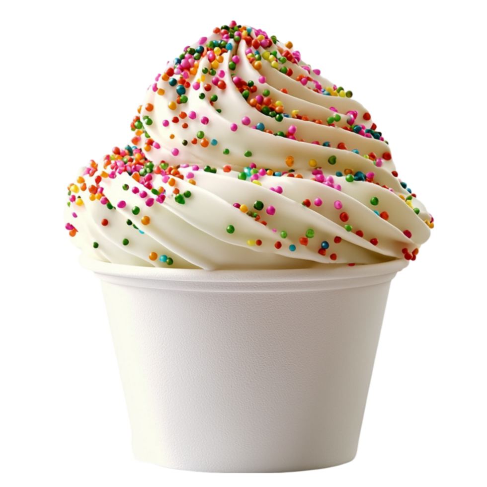Swirl of vanilla softserve ice cream topped with colorful sprinkles png