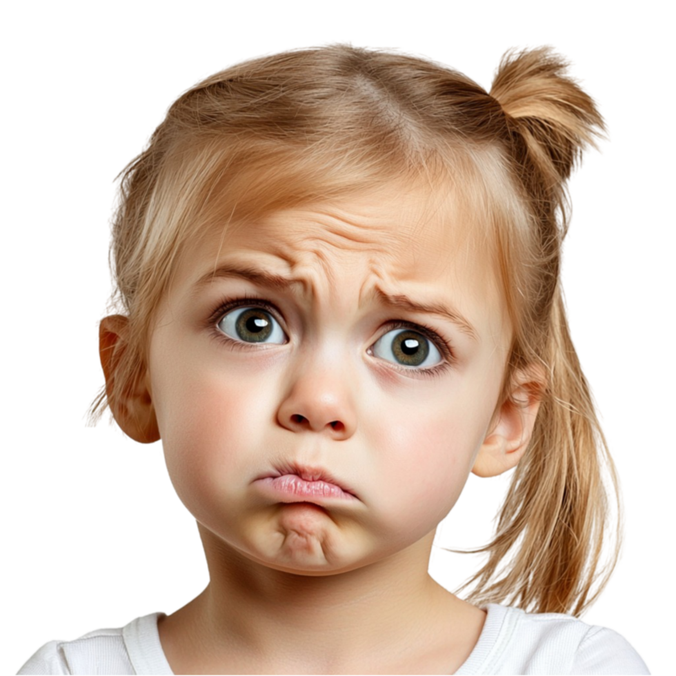 Young girl with a confused facial expression and a messy ponytail png