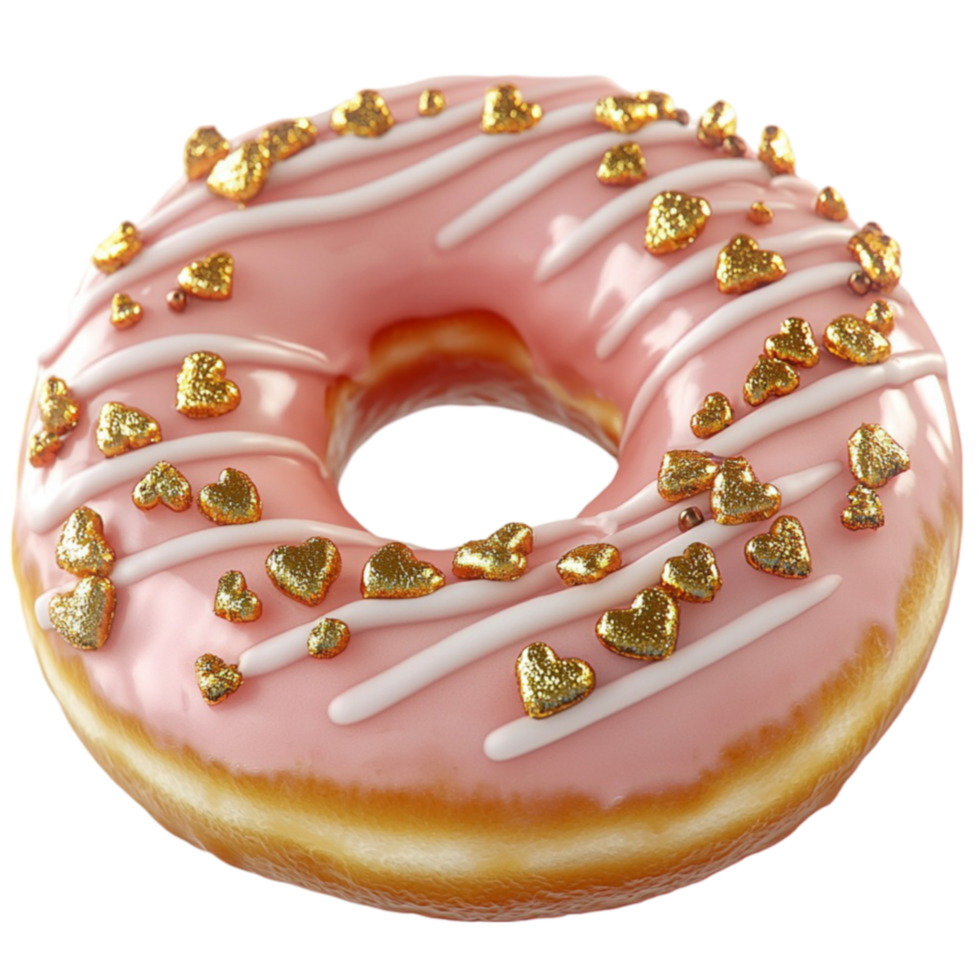 Delicious pink frosted doughnut with golden sprinkles and a soft fluffy texture png
