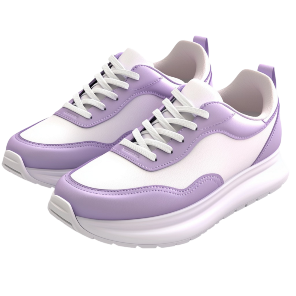 Stylish purple and white sneakers with a lightweight design and cushioned soles png