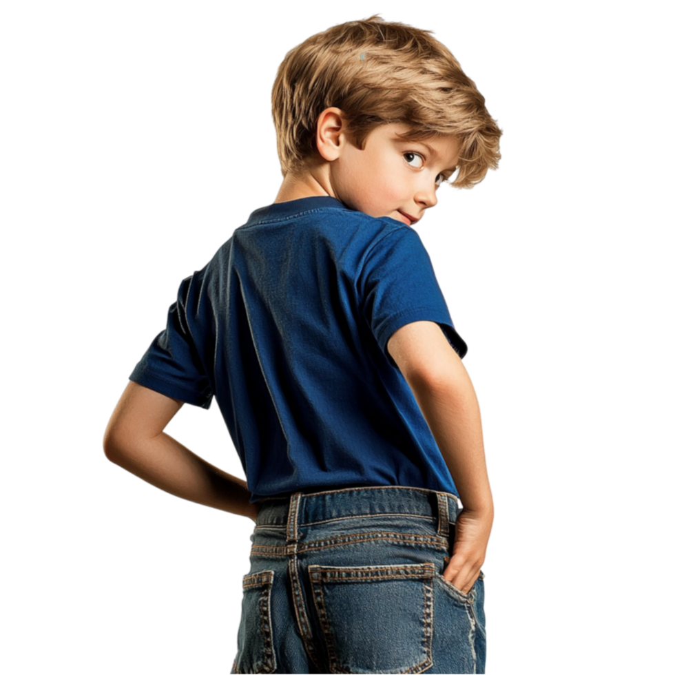 Young boy in a navy blue tshirt looking back with a curious and confident expression png