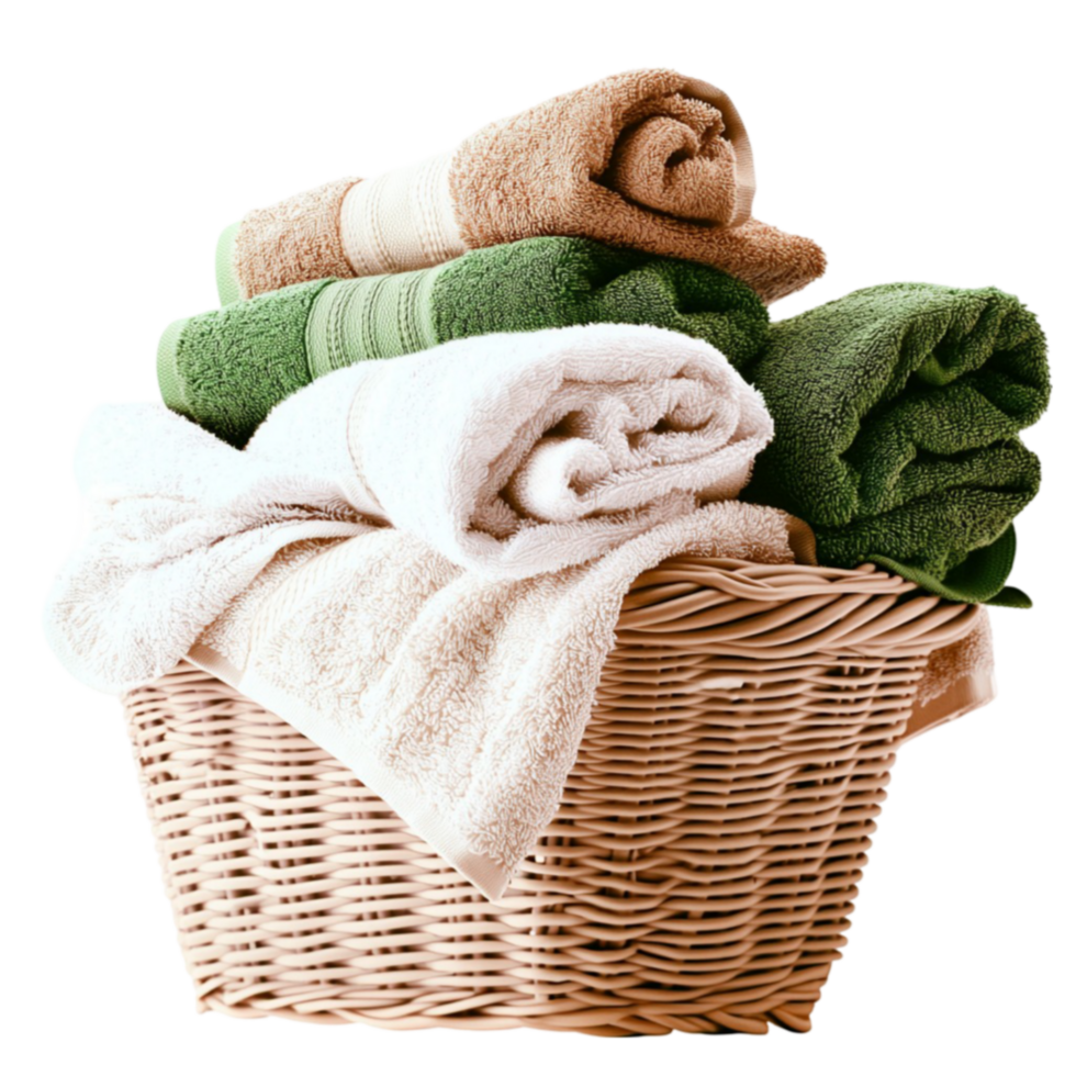 Woven wicker basket filled with neatly folded plush towels in various soothing colors png