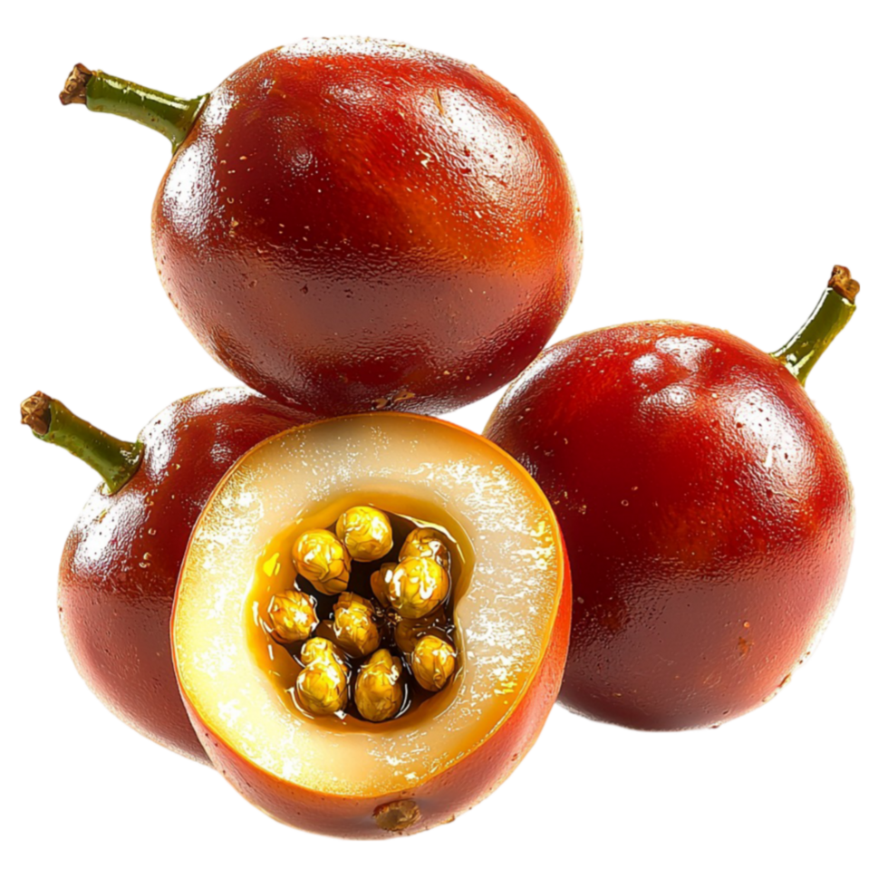 Fresh passion fruits with deep red skin and juicy golden pulp filled with black seeds png