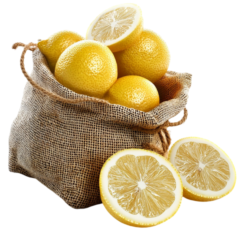 Rustic burlap sack overflowing with bright yellow lemons with one sliced in half png