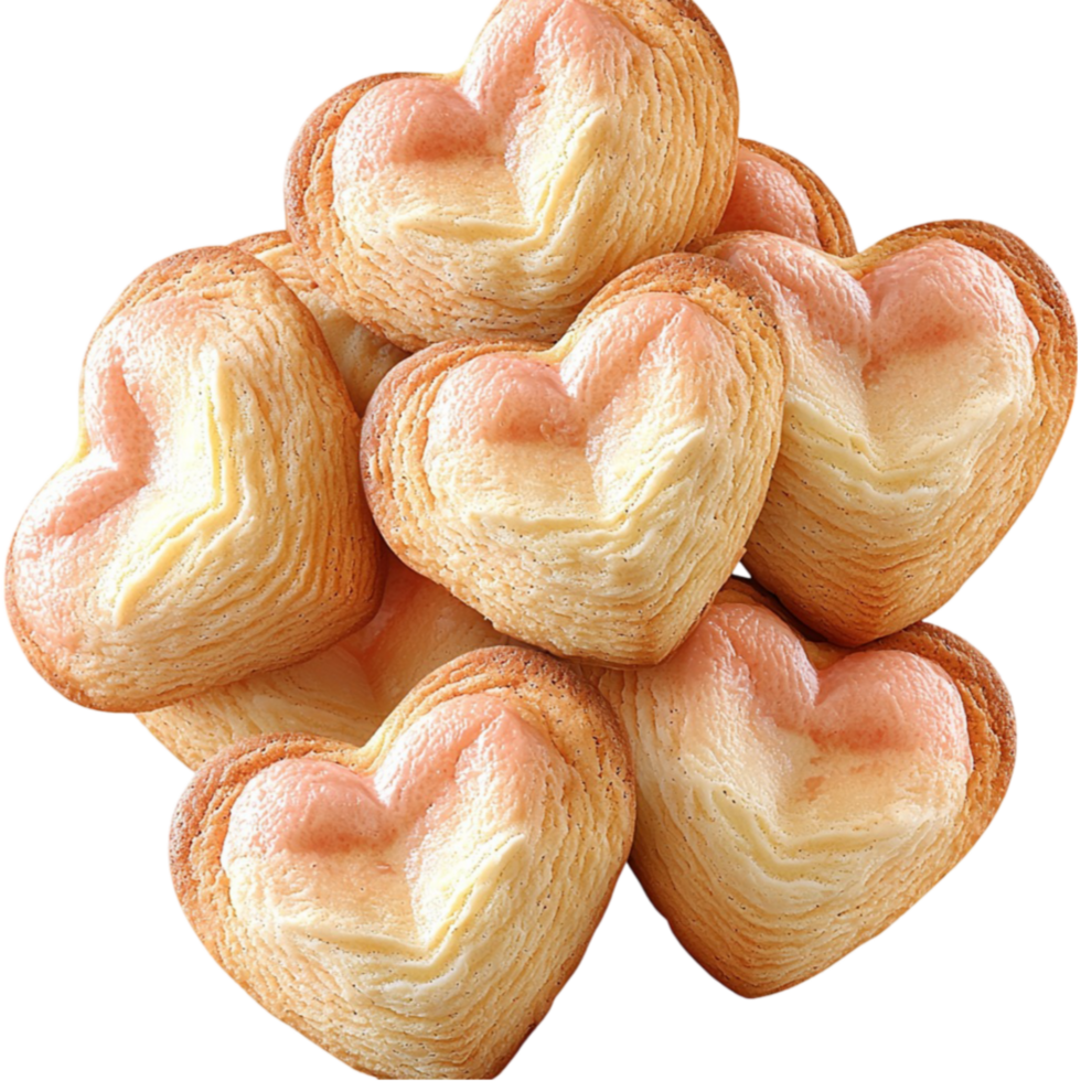 Fluffy heart shaped puff pastries with golden crispy layers and a soft delicate texture png