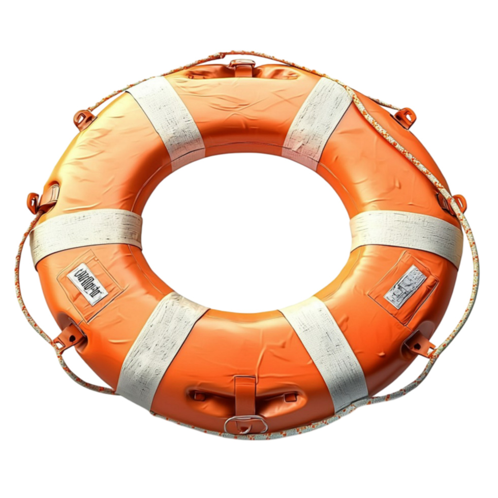 Inflatable life buoy with reflective strips and strong rope handles for water safety png