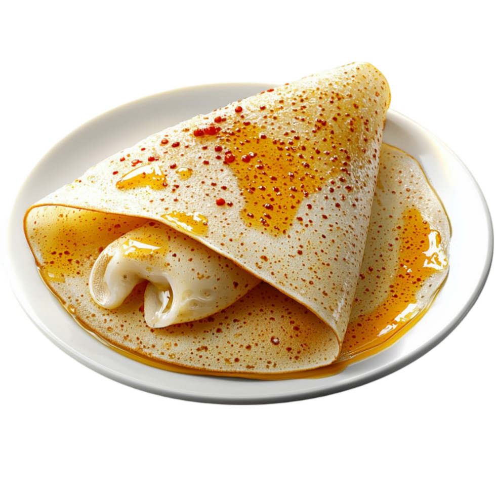 Soft thin crepe folded on a plate drizzled with golden honey and sprinkled with red spices png