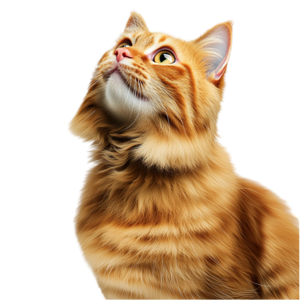 Fluffy orange tabby cat looking up with bright eyes and perked ears in curiosity png