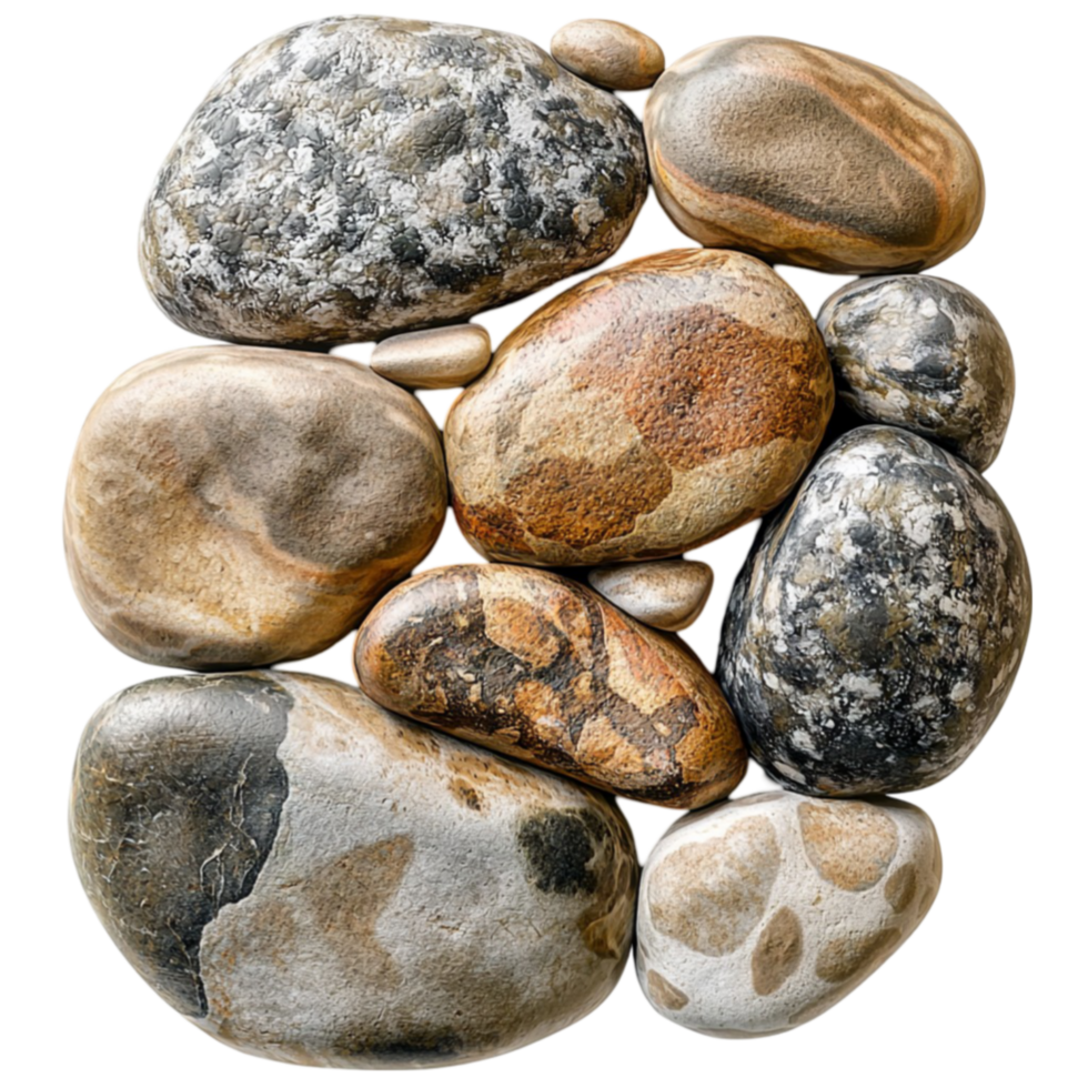 Collection of smooth river stones in various shades of gray and brown png