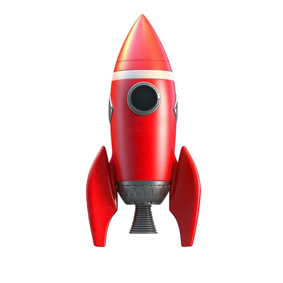 Shiny red rocket with black fins and a pointed nose cone designed for speed png
