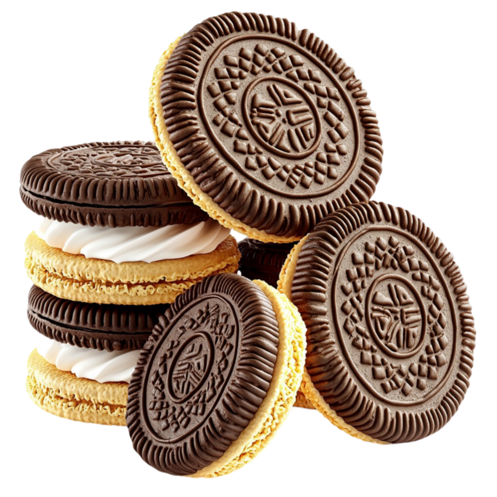 Chocolate sandwich cookies with creamy vanilla filling stacked in an appetizing arrangement png