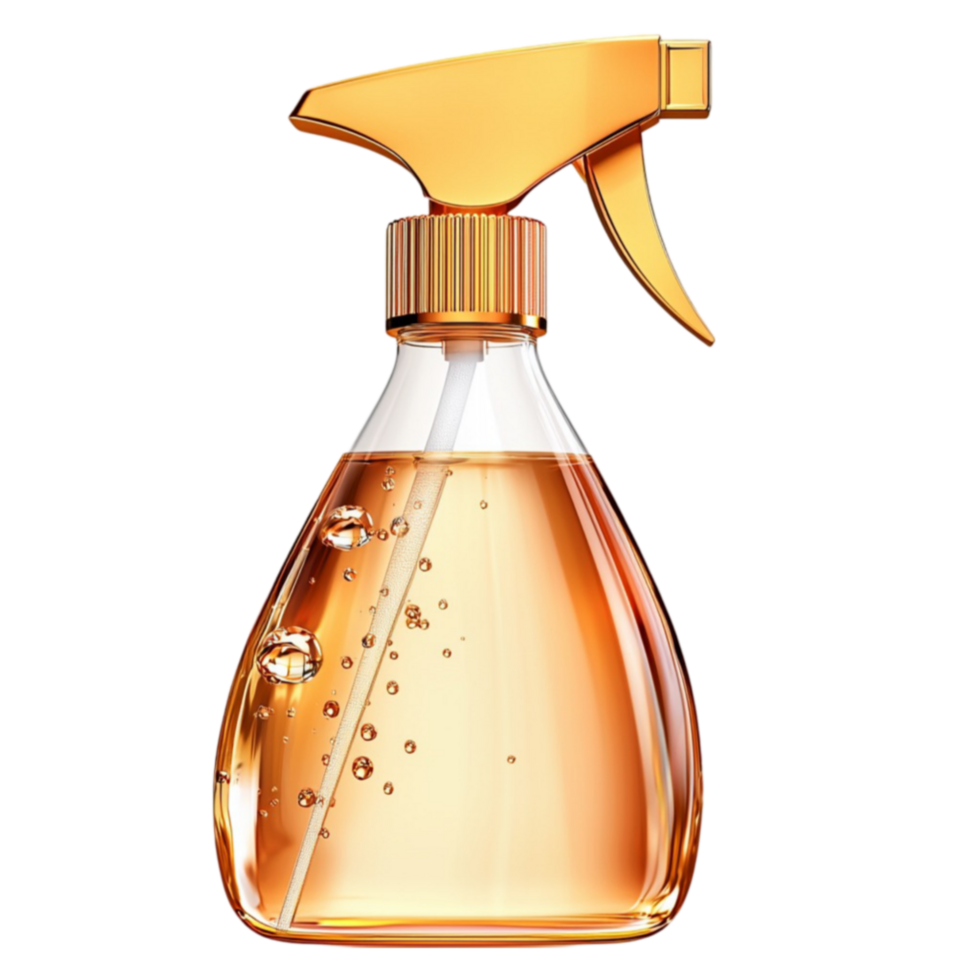 spray bottle filled with golden liquid and a matching yellow trigger nozzle png