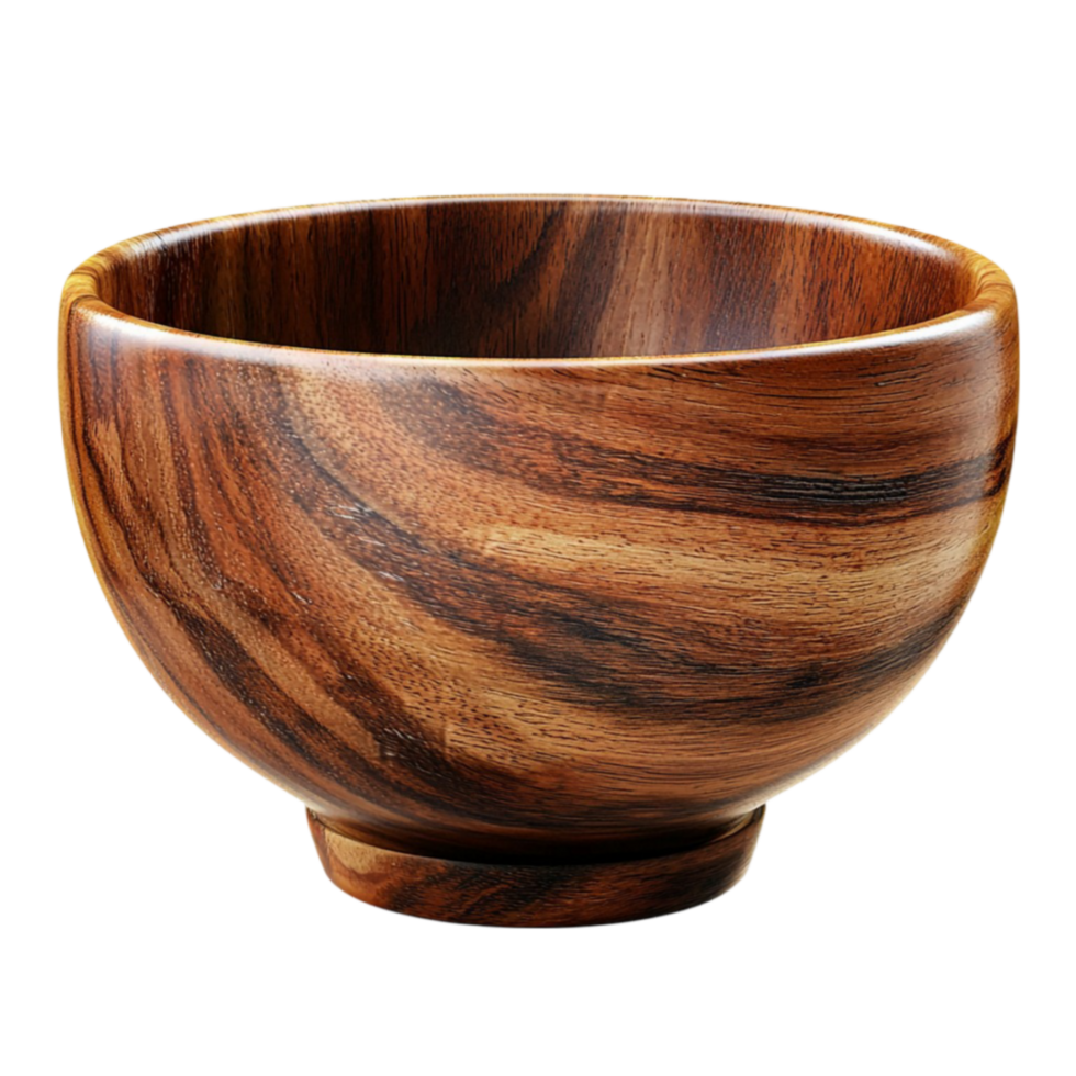 Smooth polished wooden bowl with a deep curved shape and a rich natural grain png
