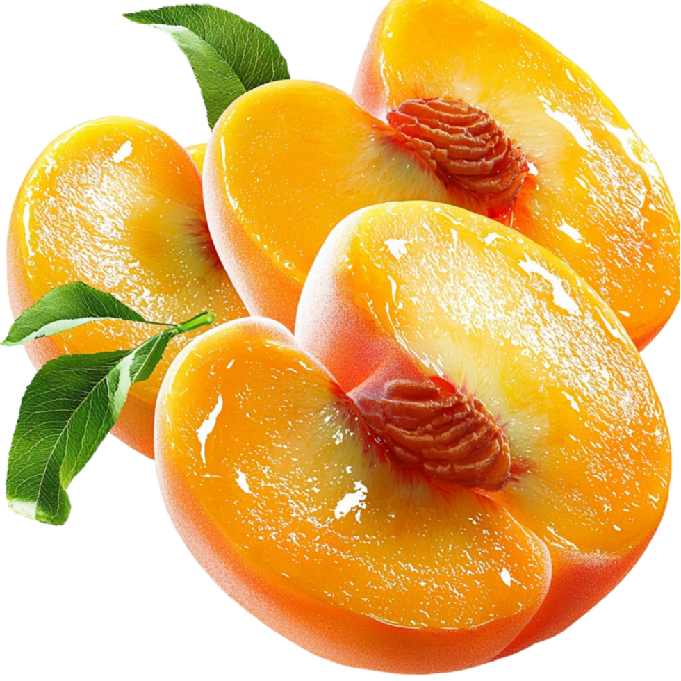 Fresh juicy peaches sliced open revealing their golden flesh and textured brown pits png