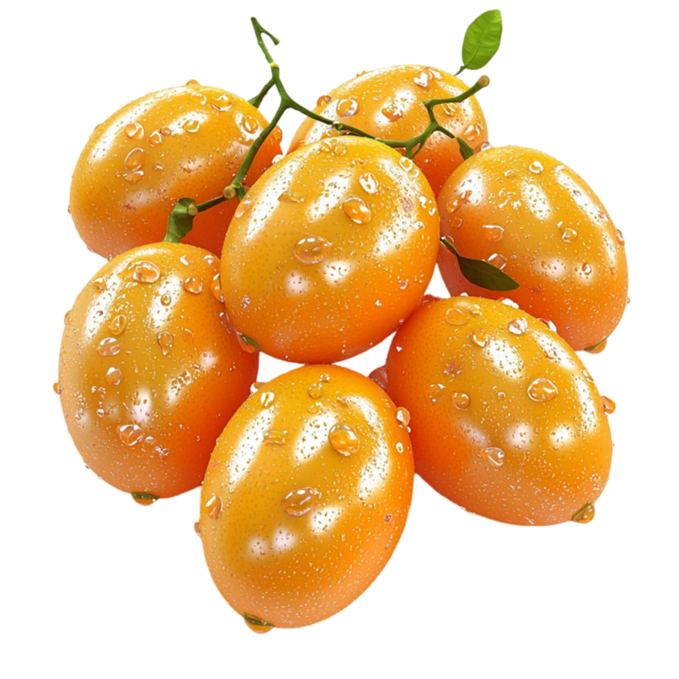 Cluster of ripe kumquats with vibrant orange skin and tiny water droplets on the surface png