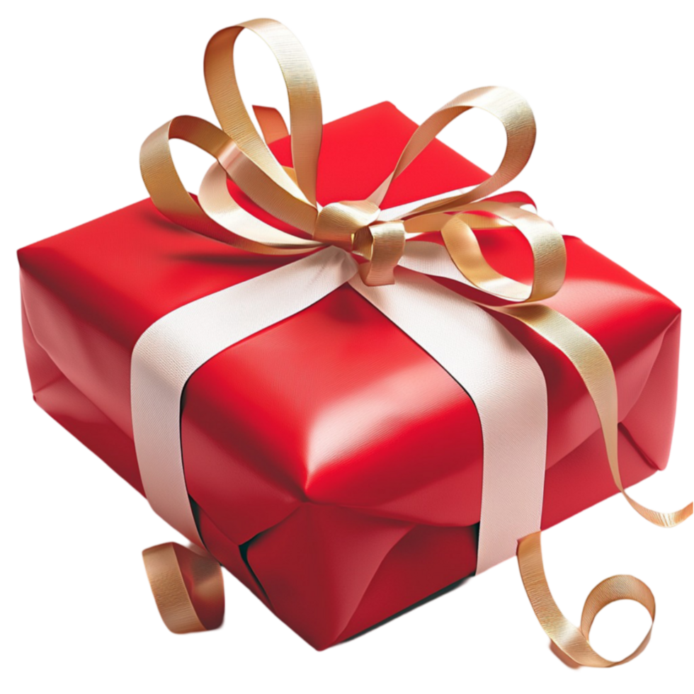 Beautifully wrapped red gift box with a shiny golden ribbon tied in a perfect bow png