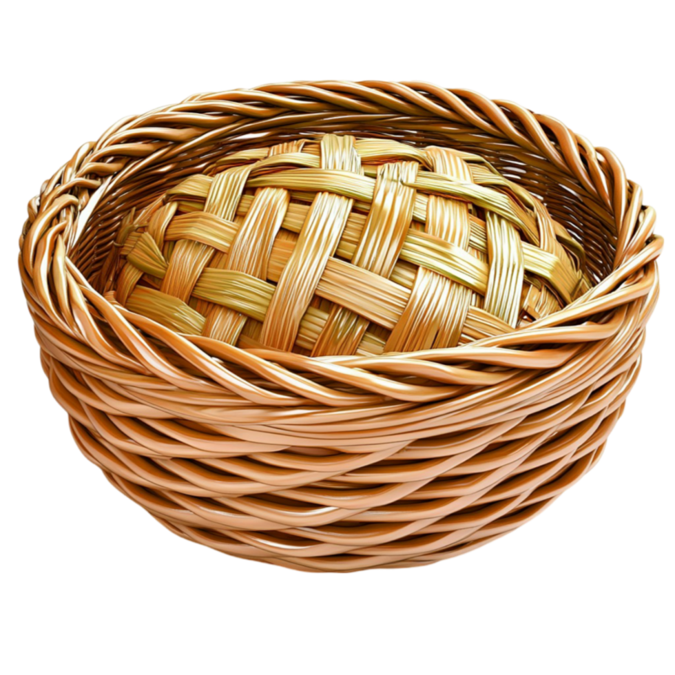 Woven wicker basket with a sturdy rim and an intricate interlaced pattern png