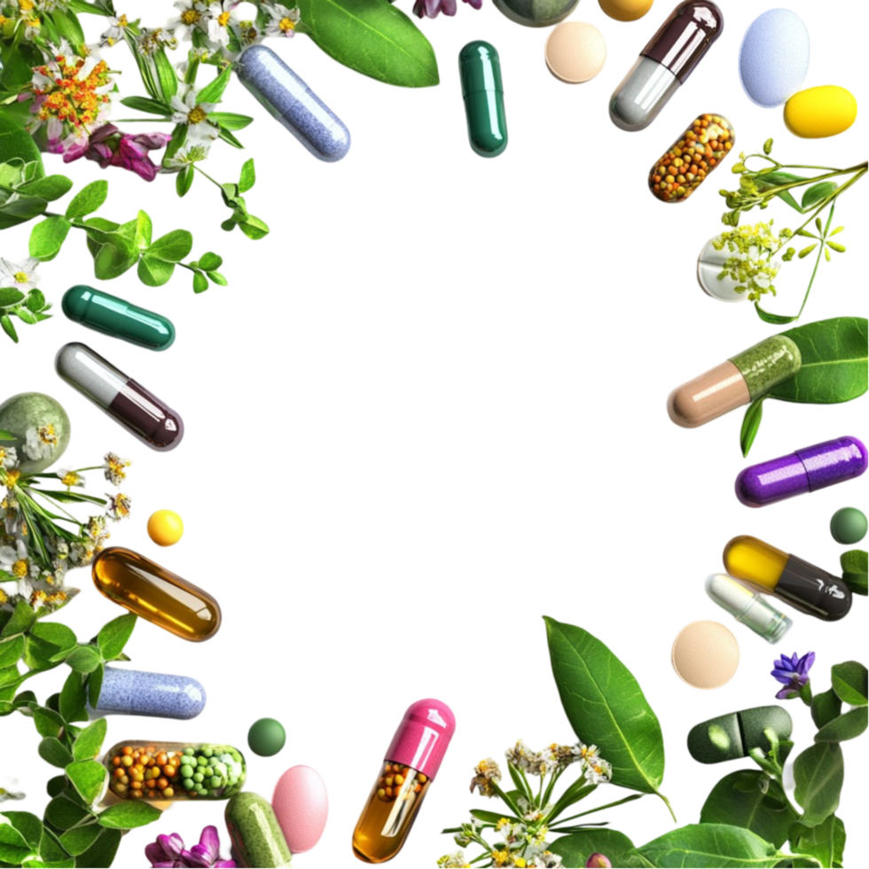 Medicine Pills and Tablets with Plants and Flowers png