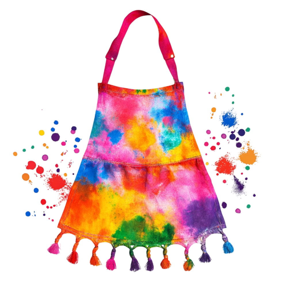 Colorful Apron with Paint Splatters and Tassels png
