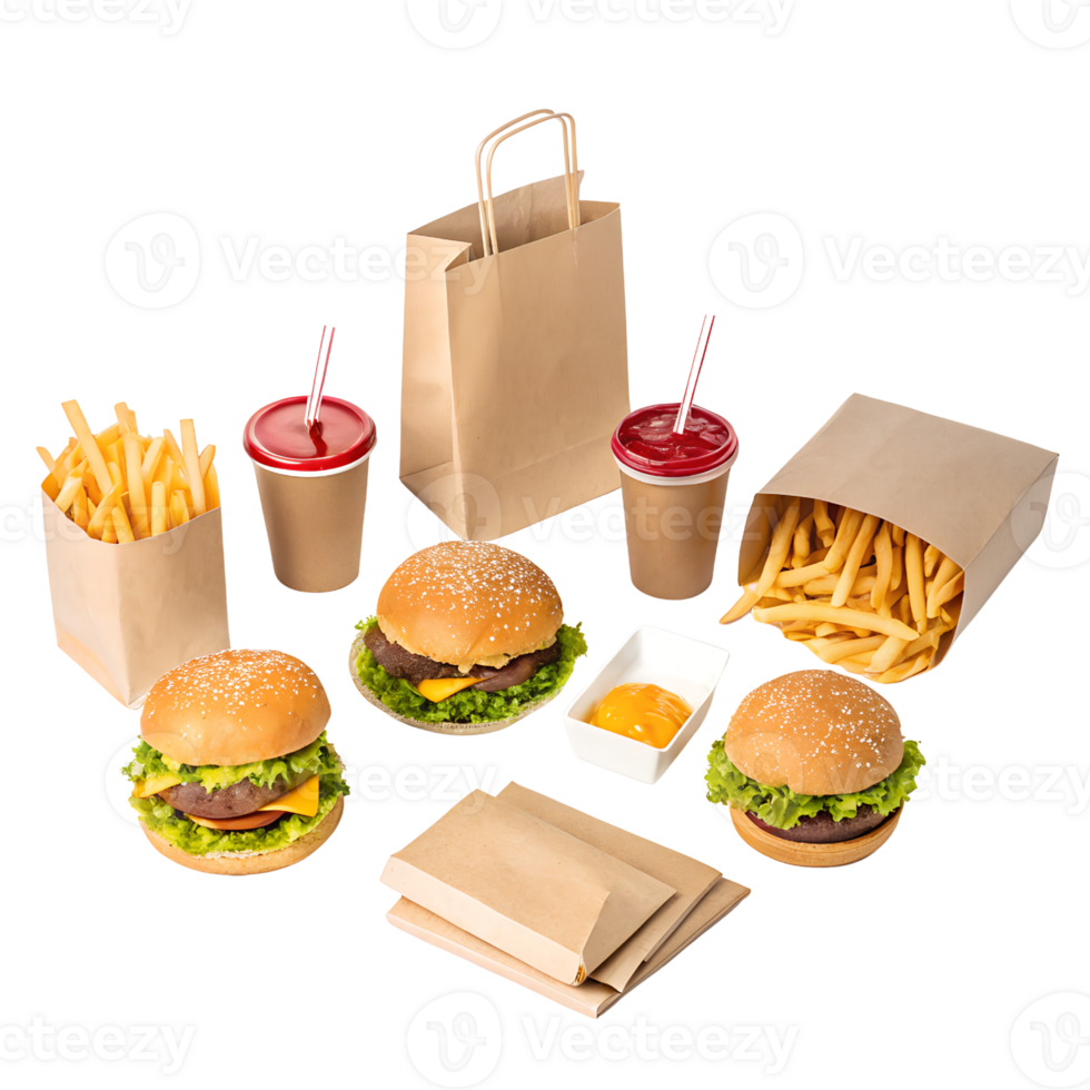 Collection of delivery fast food items on transparent background png