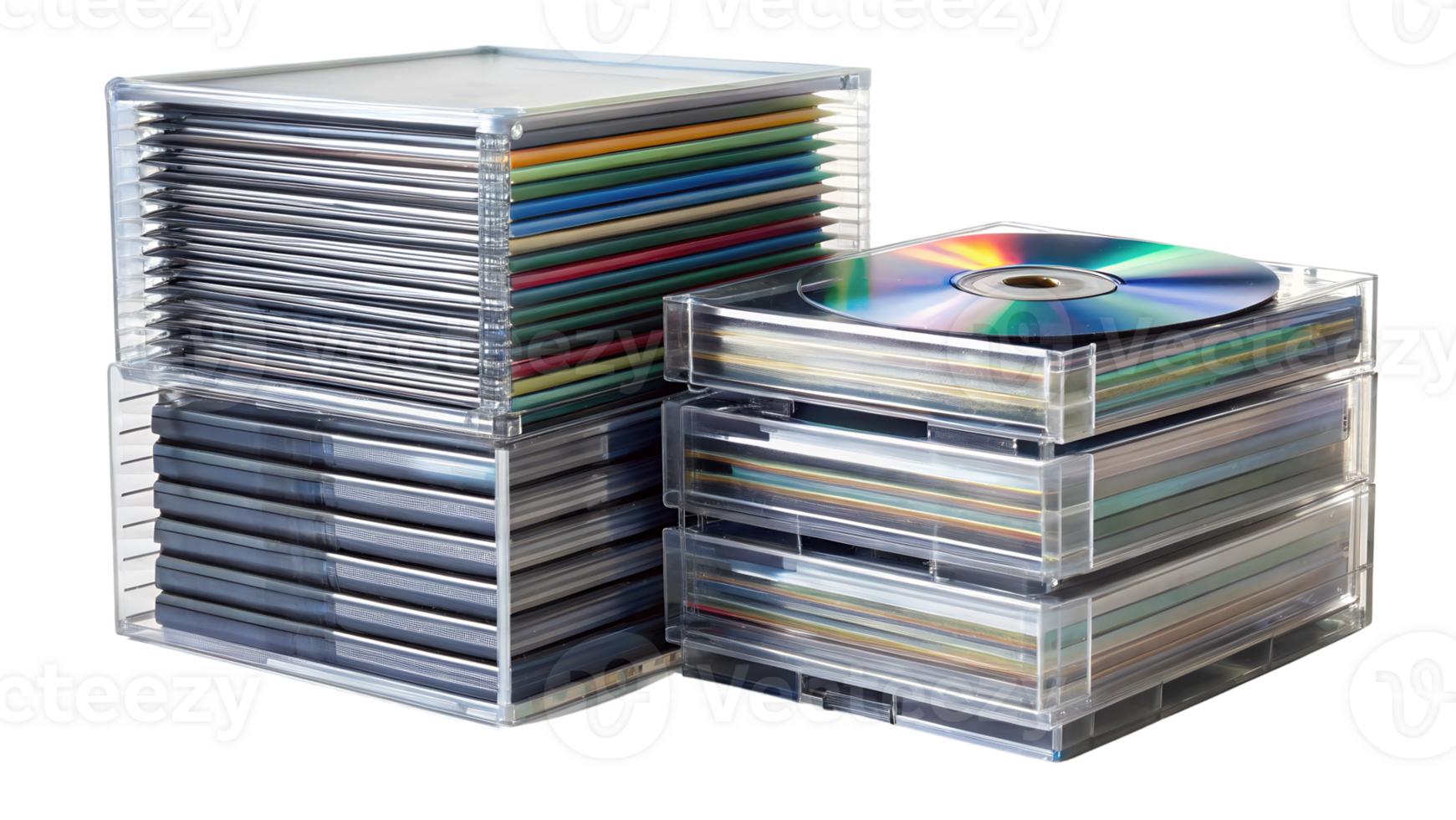 CD storage box with disc stacked on transparent background png