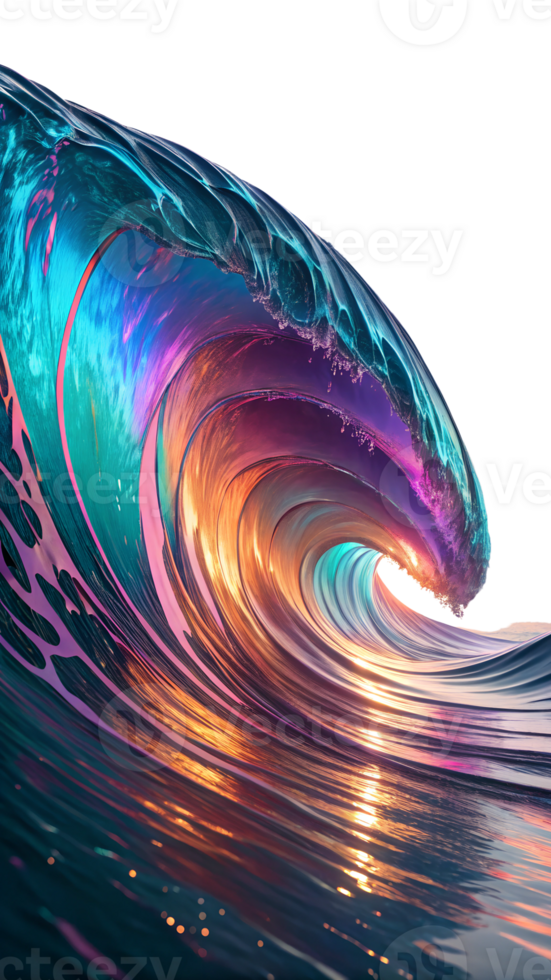 Vibrant liquid metal waves reflecting neon colors isolated on transparency background png