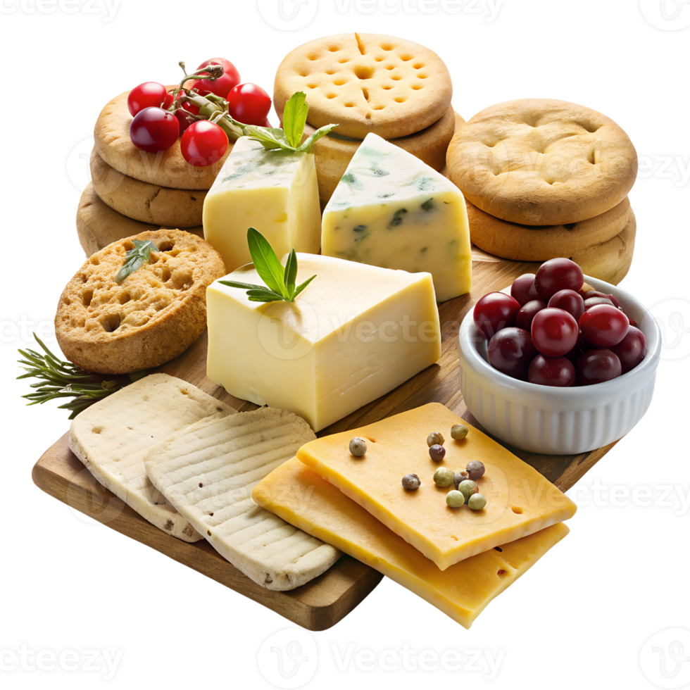 Assorted gourmet cheeses with crackers on transparent background png