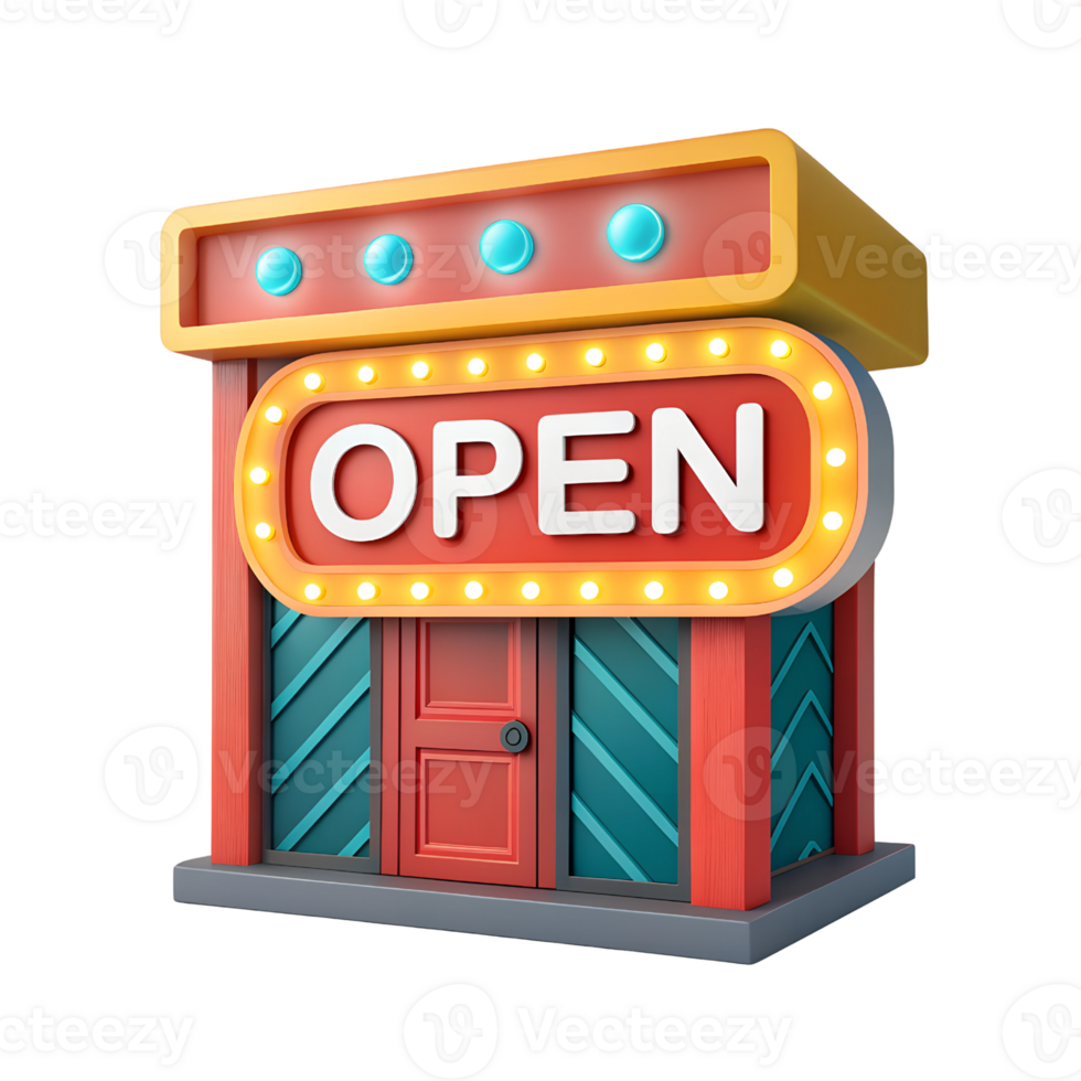 Open Text 3D Cartoon storefront isolated on transparency background png