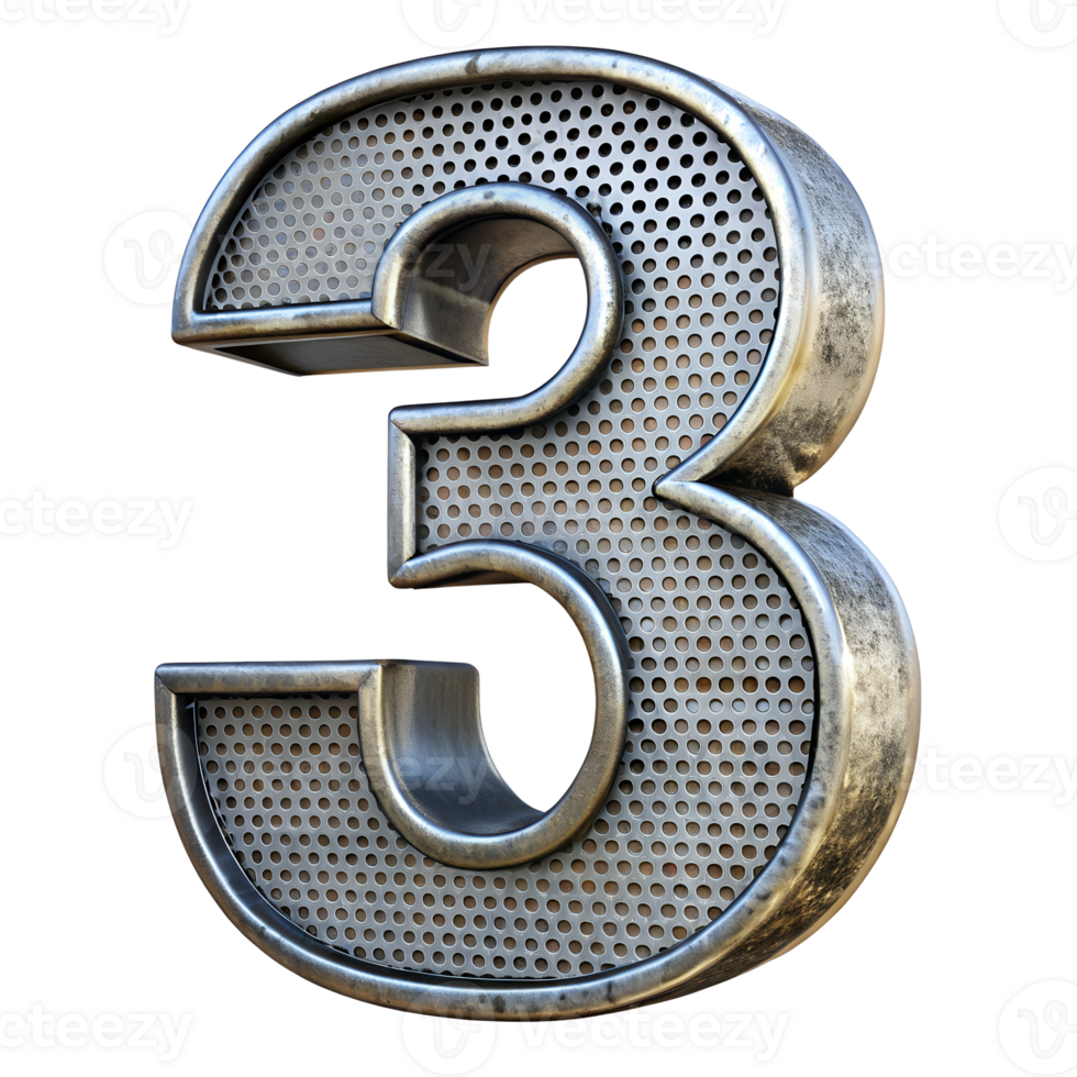 Metal Number 3 Isolated on Transparent Background 3D Render png
