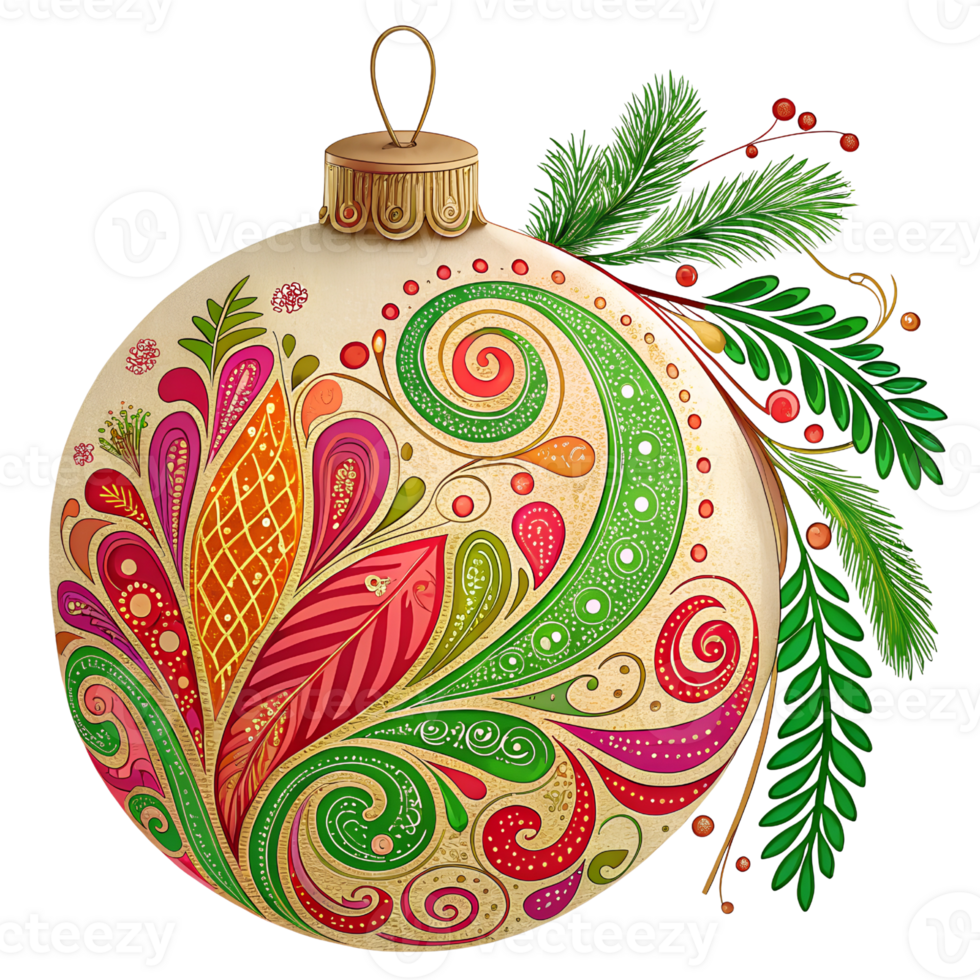 Boho art christmas ball with christmas leaf isolated on transparent background png
