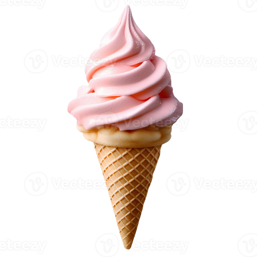 Pink swirled soft serve ice cream cone on transparent background png
