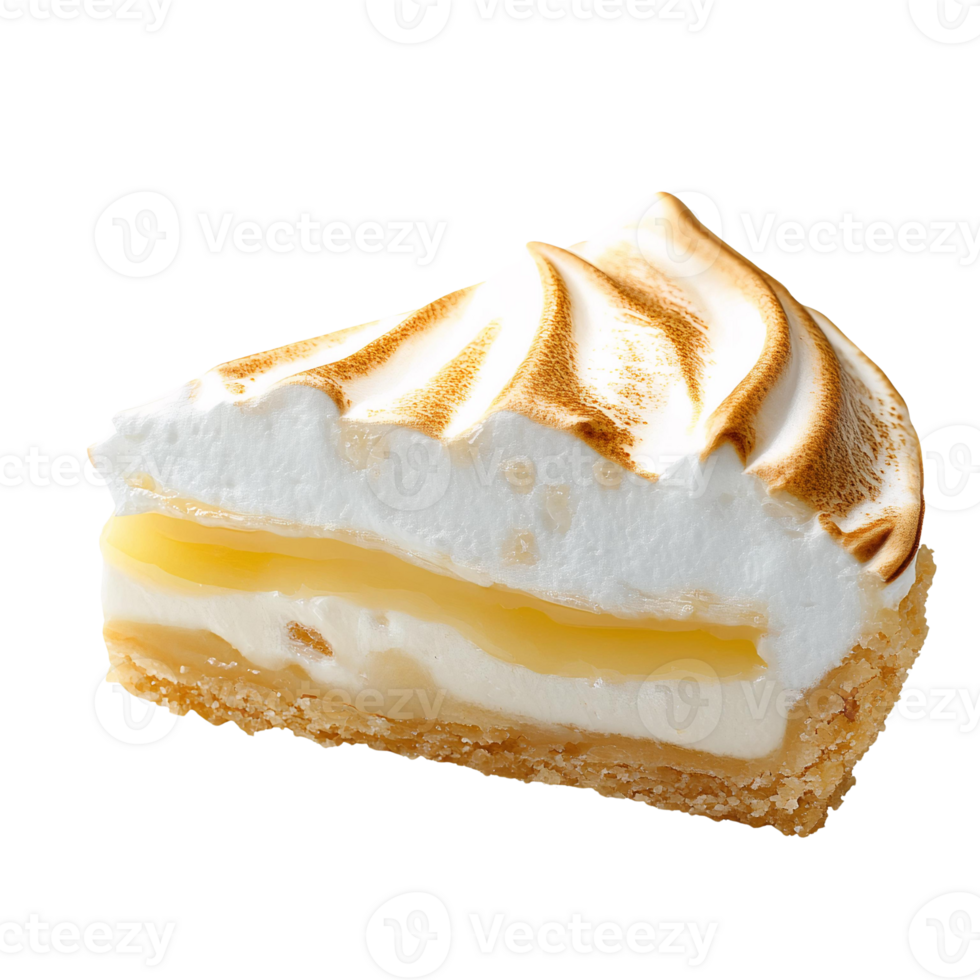 Lemon meringue tart slice with swirled meringue topping on transparent background png