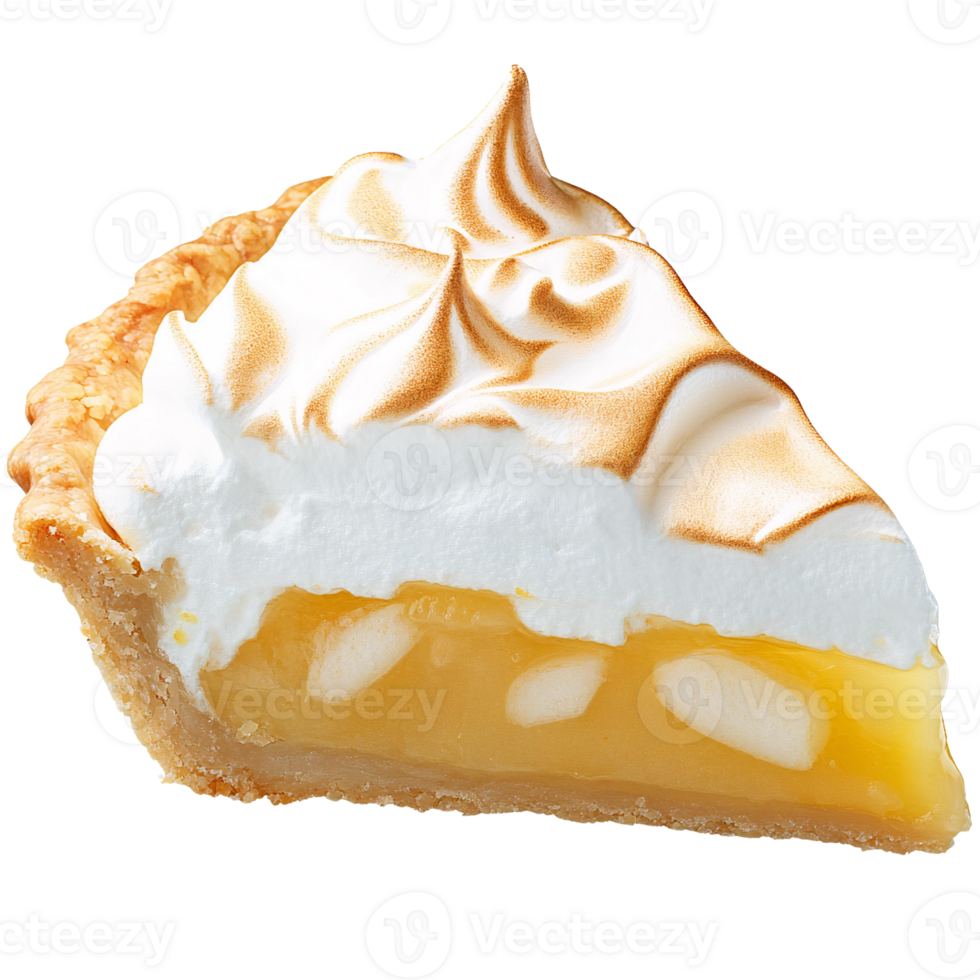 Lemon meringue pie slice with swirled meringue topping on transparent background png