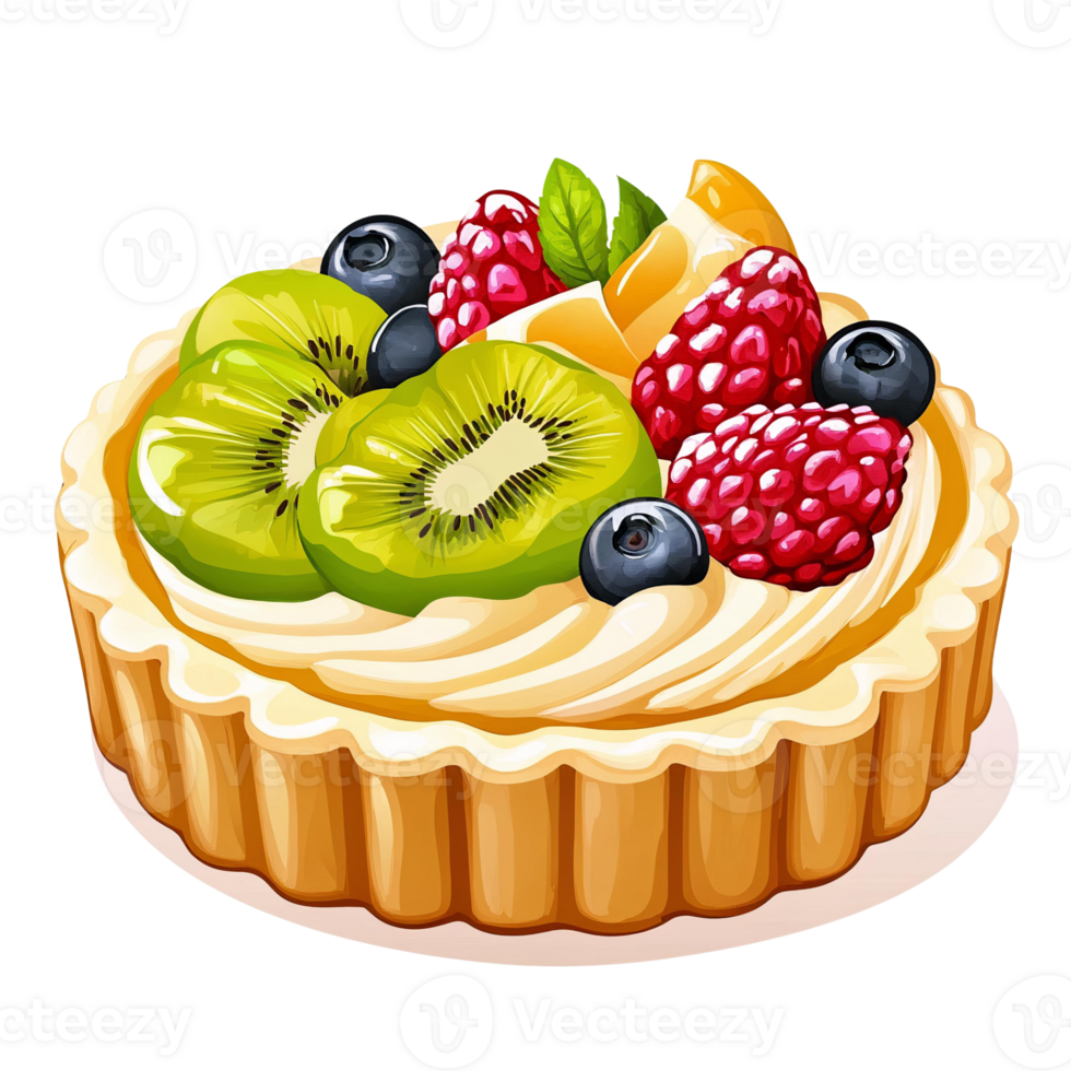 Fruit tart with kiwi, raspberries and blueberries on transparent background png