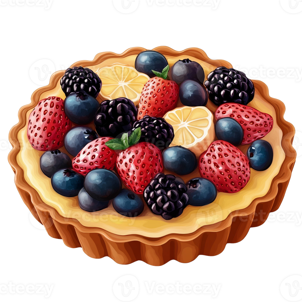 Berry tart with lemon slices on transparent background digital painting png