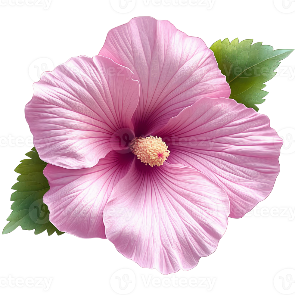 Pink hibiscus flower with green leaves on transparent background png