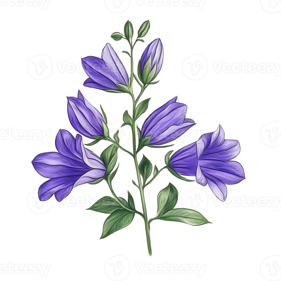 Purple bellflowers branch on transparent background botanical illustration png