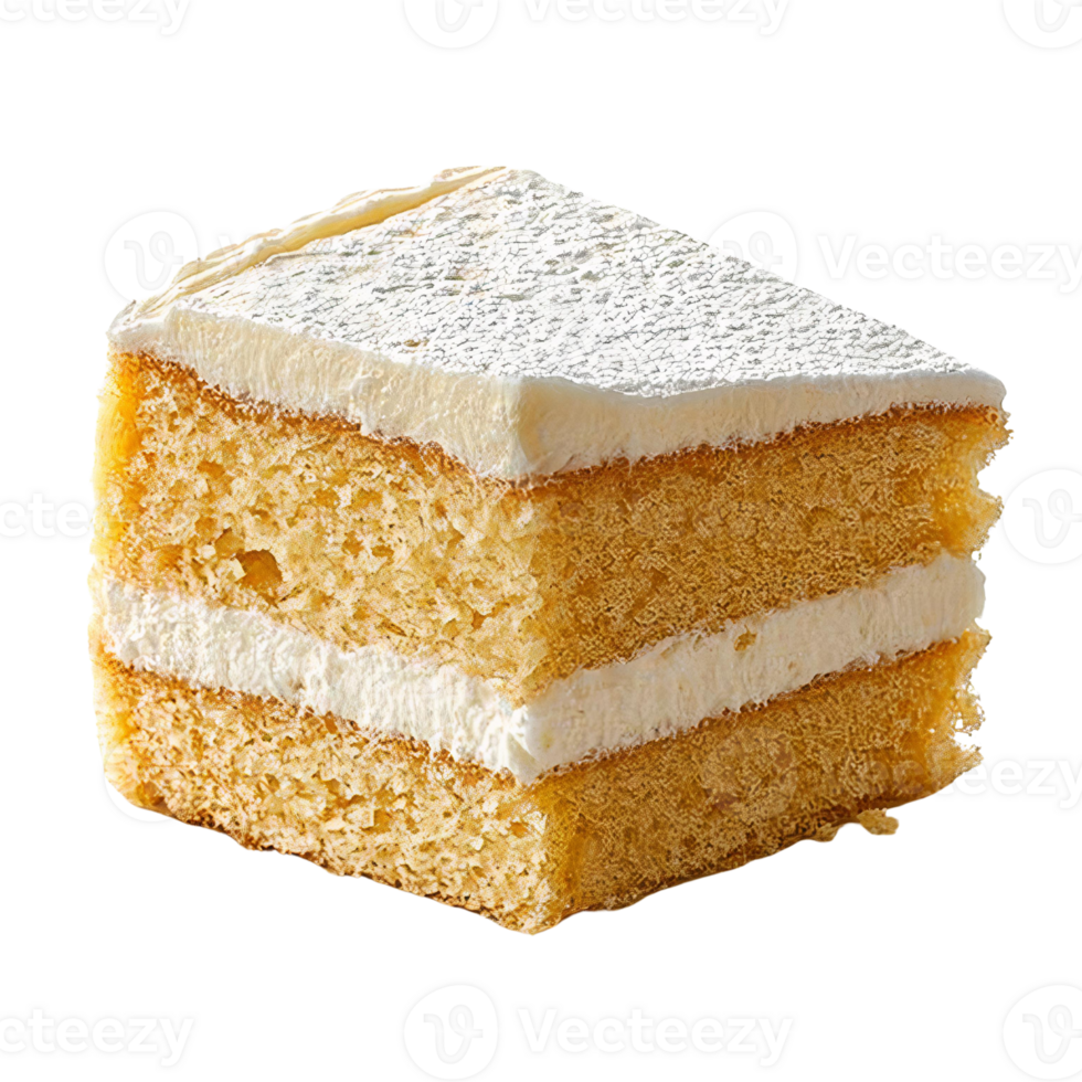 Layered vanilla cake slice with powdered sugar on transparent background png