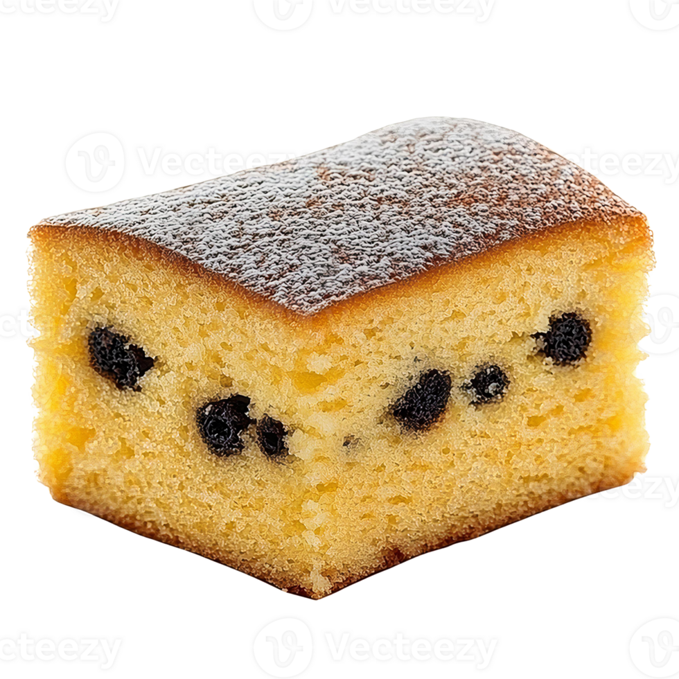 Delicious currant cake slice with powdered sugar on transparent background png