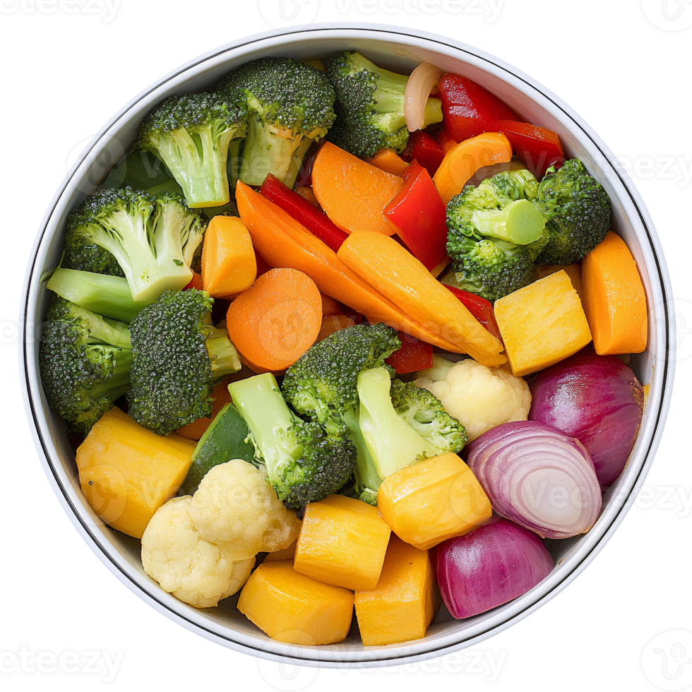 Colorful steamed vegetables in bowl, broccoli, carrots, and squash png