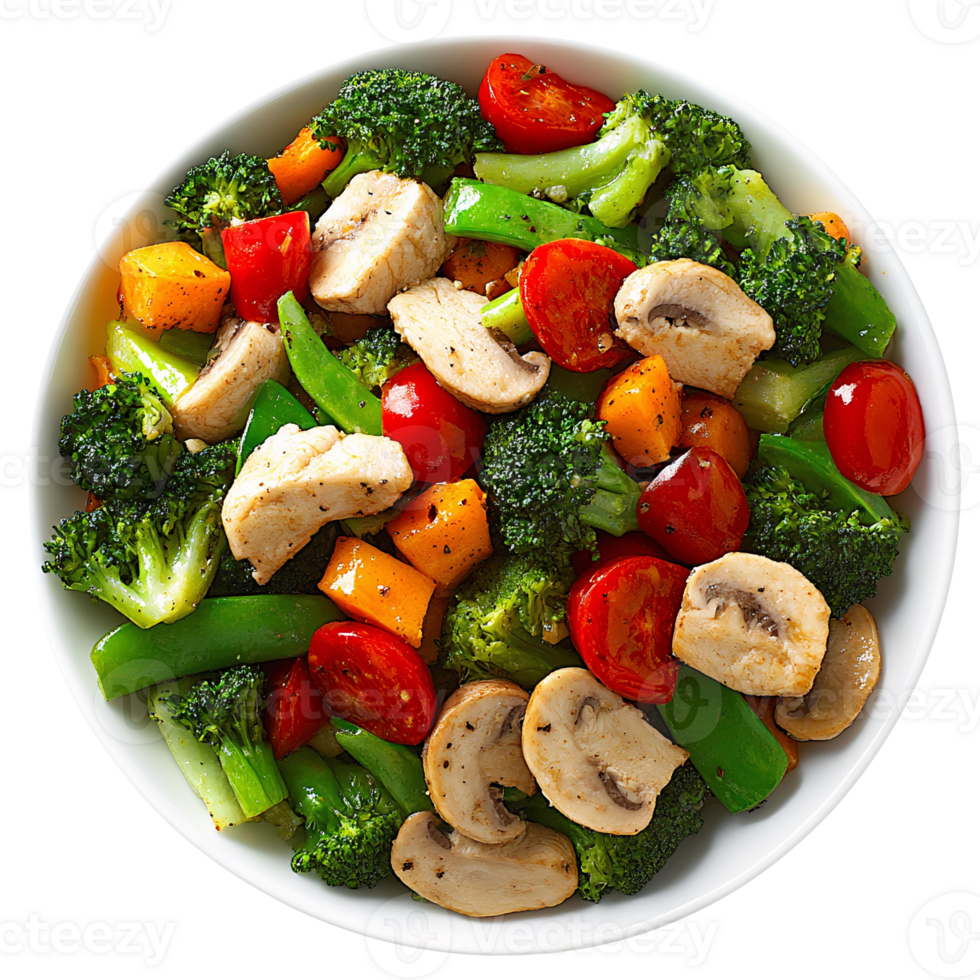 Chicken and vegetable stir-fry in bowl, top view png