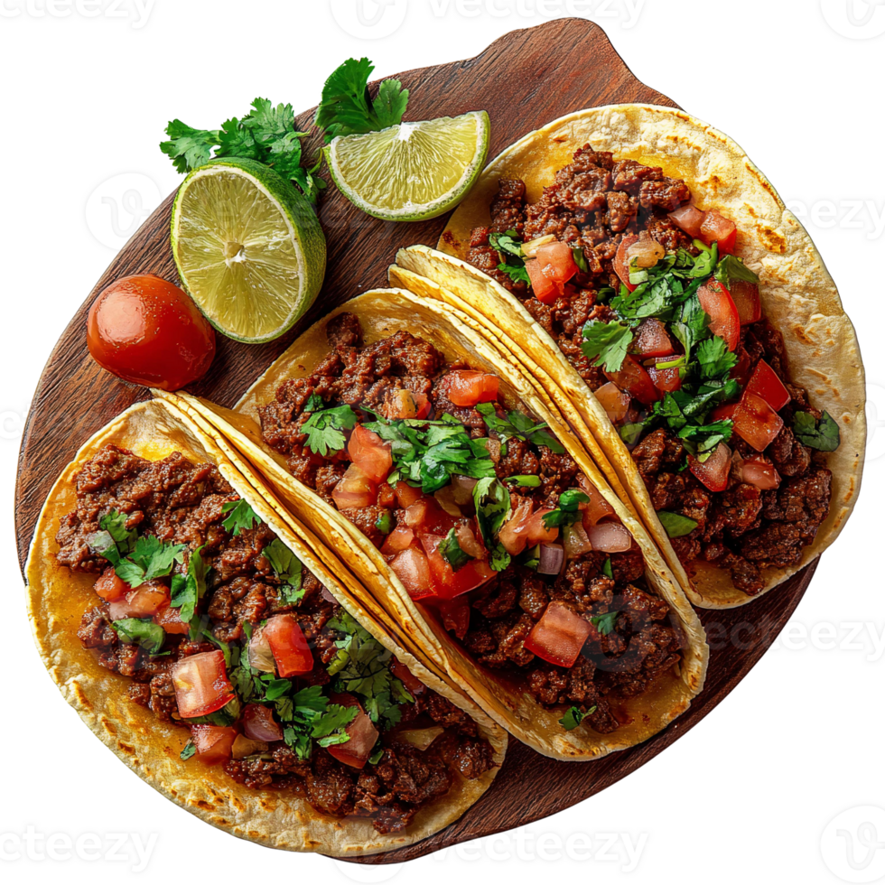 Delicious ground beef tacos with pico de gallo on wooden board png