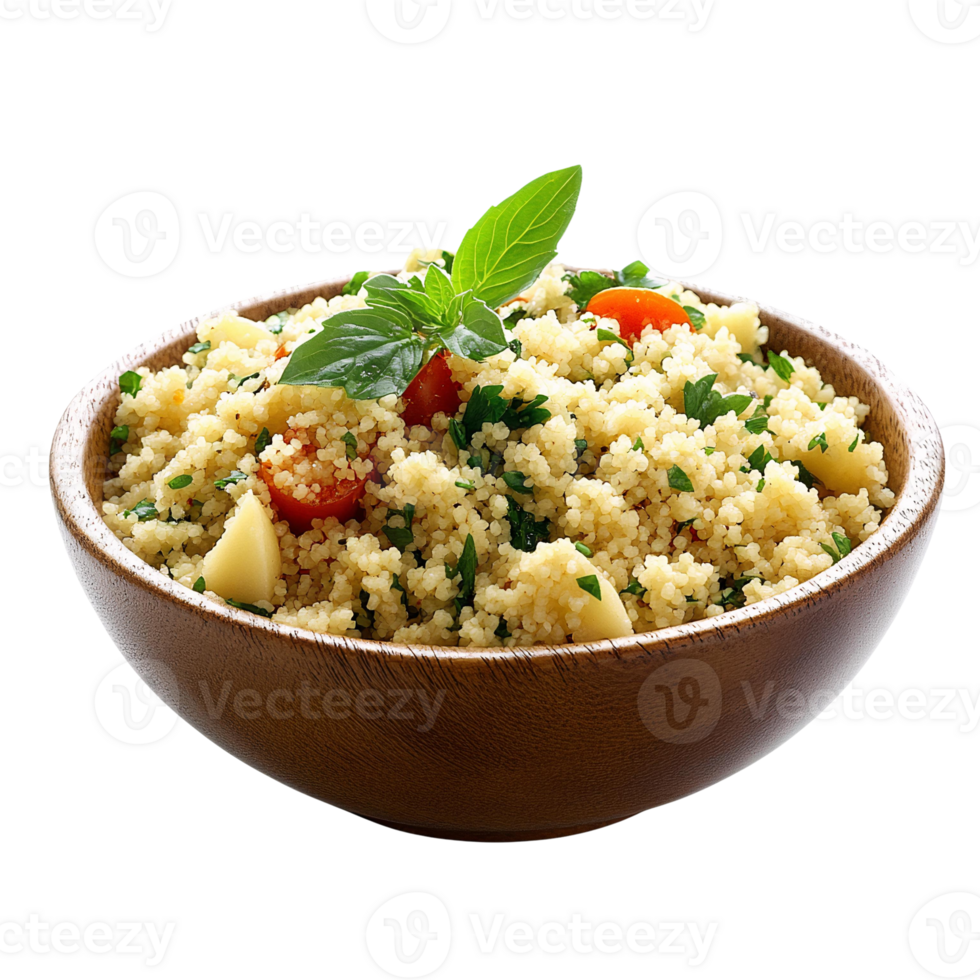 Couscous salad in wooden bowl on transparent background png